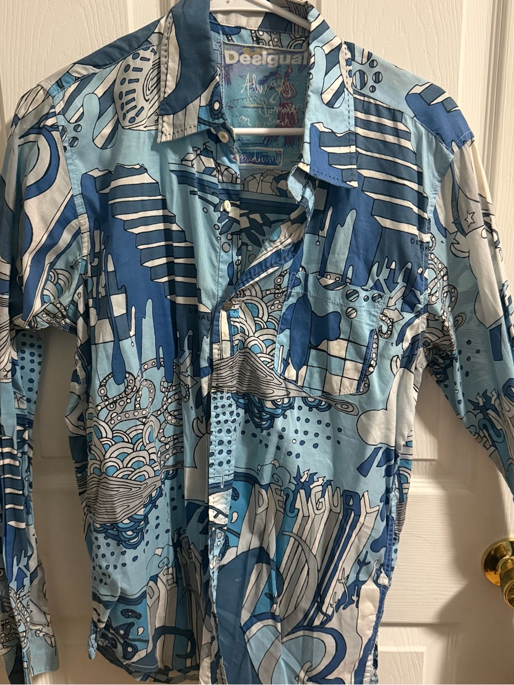 Desigual Men's Blue & White Abstract Print Button-Down Shirt